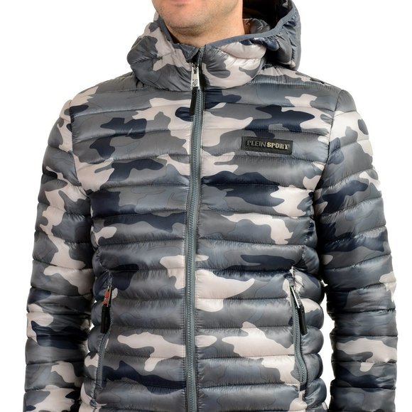 Plein Sport Men's Military Green Hooded Logo Print Zip Up Parka Jacket